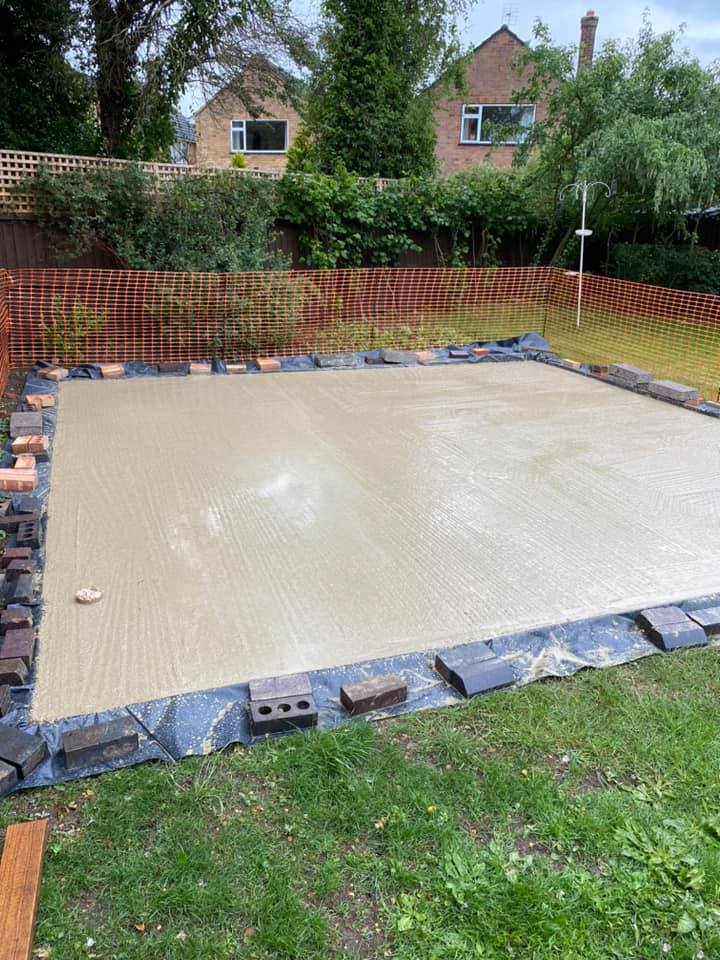 Fresh laid concrete on base in back garden
